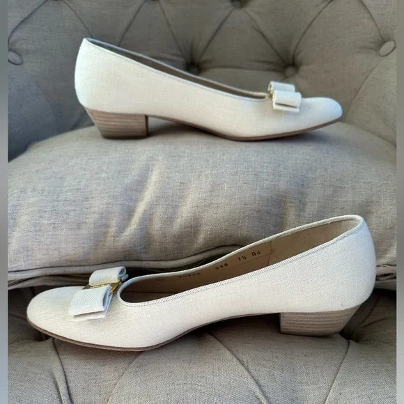 Vintage 90s Salvatore Ferragamo cream linen bow toe kitten heels women’s 7 1/2 - Picture 3 of 14